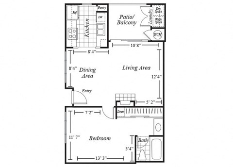 Floor plan for 1 bed, 1 bath, 588 sqft